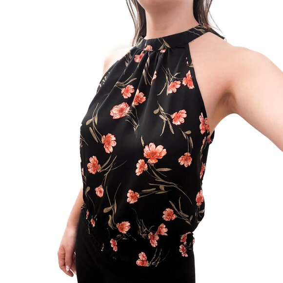 Siena Sky Black Floral Smocked Waist Blouse Top | Small - Picture 3 of 5